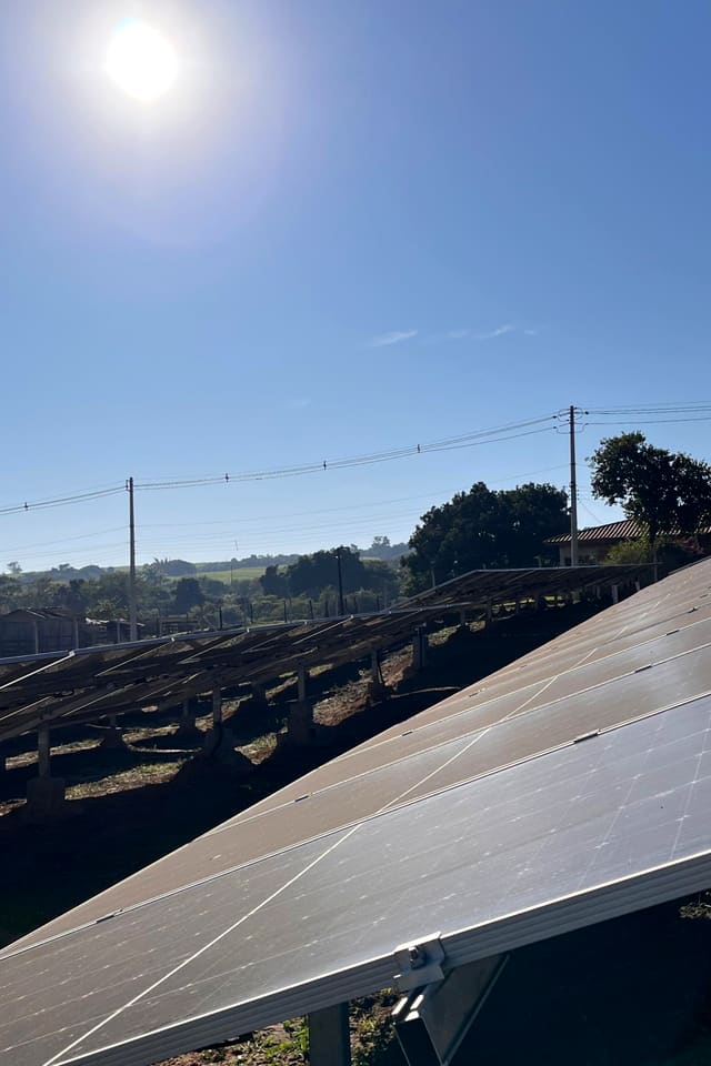 Placas solares de uma usina em solo vistas contra o sol, com outras fileiras ao fundo